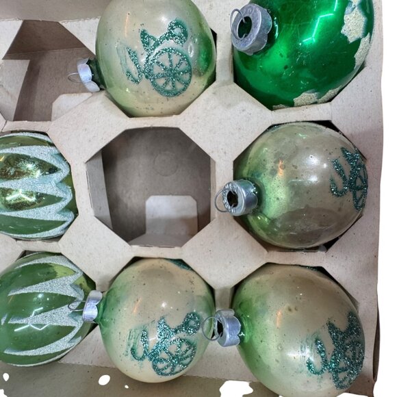 20 Vintage Glass Christmas Tree Ornaments Pink & Green Hand Glitter Shiny Brite - Picture 6 of 7